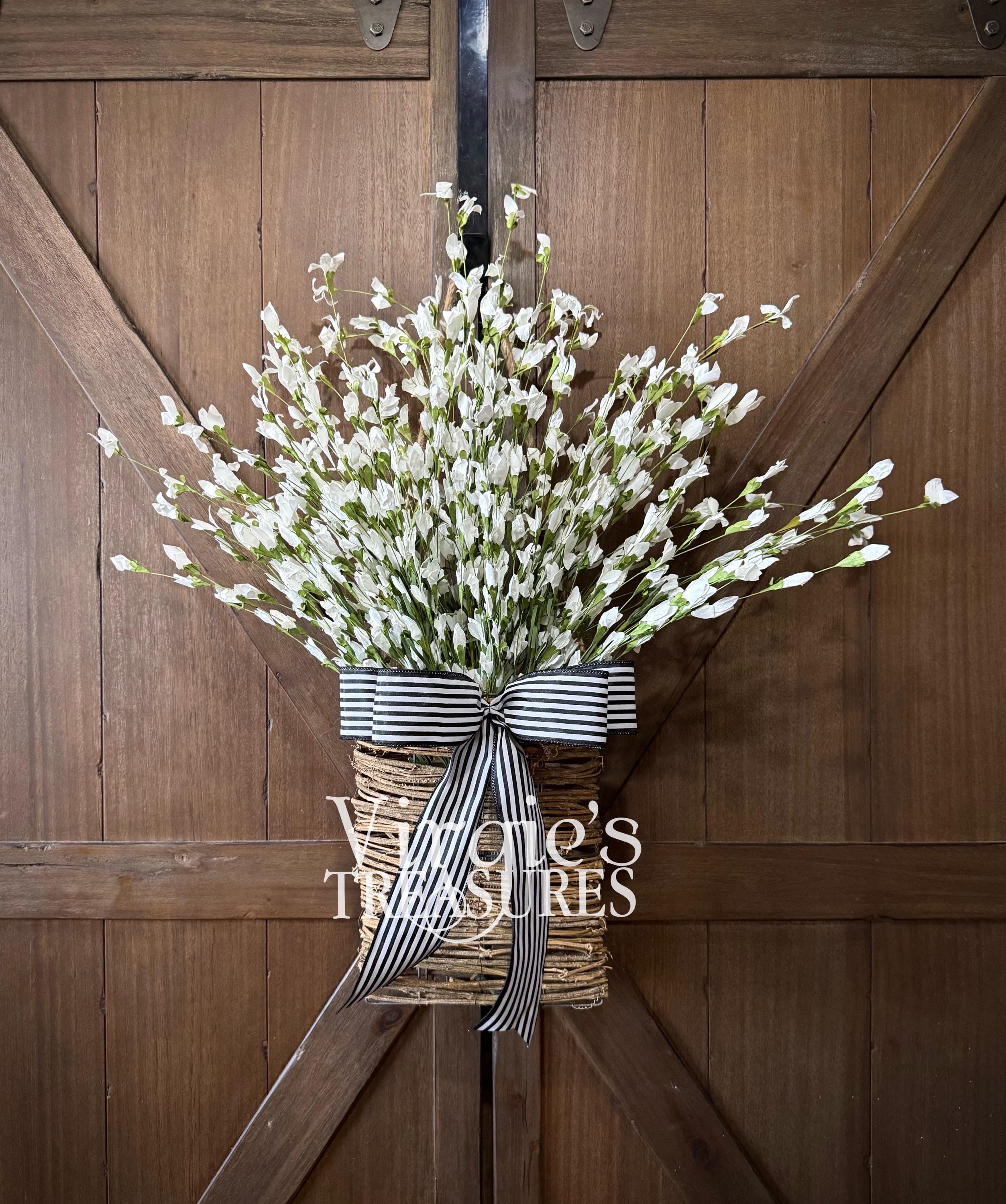 White Floral Door Basket Wreath, Spring Hanging Basket, Floral