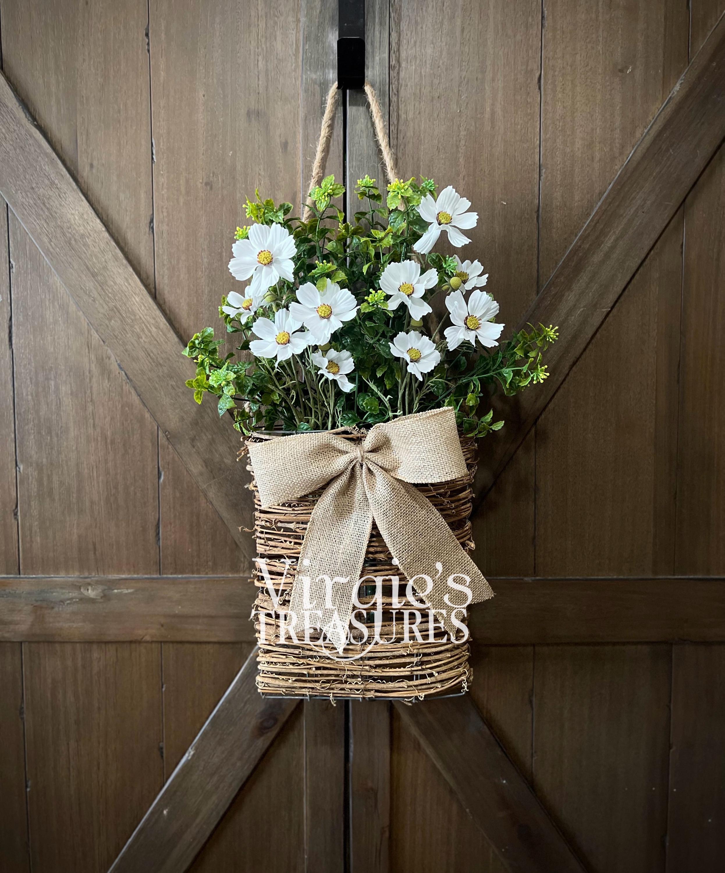 Floral Boxwood Door Basket Wreath, Spring Hanging Basket, Greenery