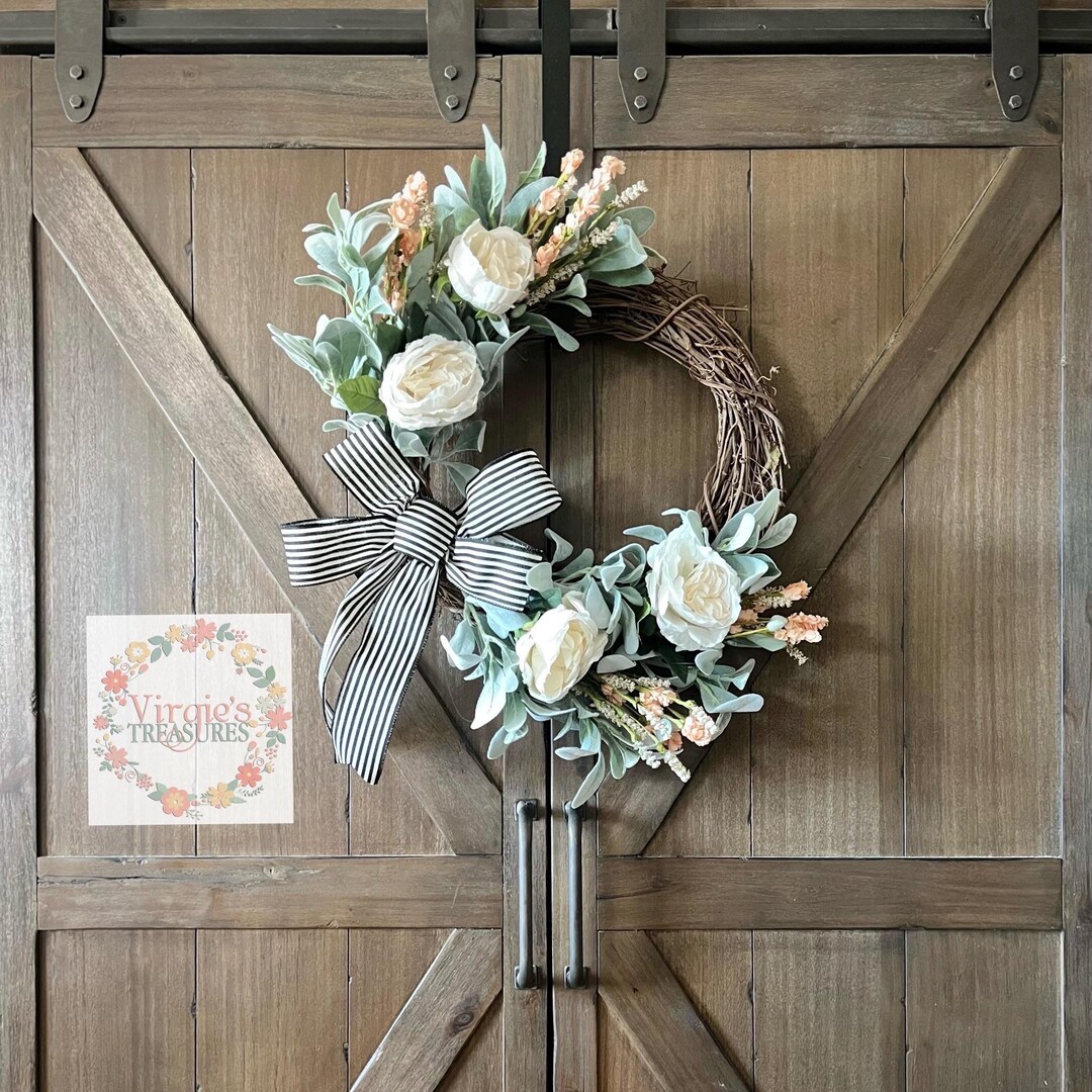 Cabbage Rose & Lambs Ear Wreath, Front Door Wreath, Year Round Wreath ...