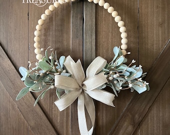 Year Round Wreath, White Berry & Lambs ear Wreath, Farmhouse Beaded Wood Wreath, Wood Bead Wreath, Kitchen Wreath, Everyday Wreath