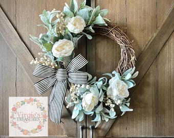 Lamb’s Ear Wreath, Front Door Wreath, Year Round Wreath, Spring Wreath, Summer Wreath, Farmhouse Wreath, Cabbage Roses Wreath, Cream Berries