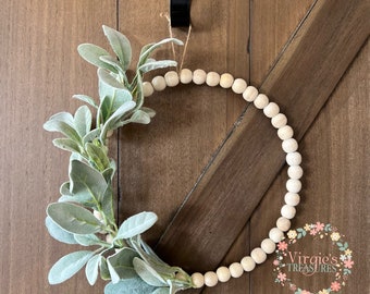 Mini Wood Bead Wreath, Farmhouse Wreath, Greenery Wood Bead Wreath, Camper Wreath, Wreath, Kitchen Wreath, Lambs Ear Wood Bead Wreath