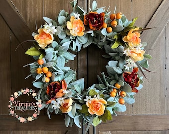 Fall Wreath for Front Door / Lambs Ear Wreath / Farmhouse Wreath / Fall Wreath / Autumn Wreath / Fall Floral Wreath