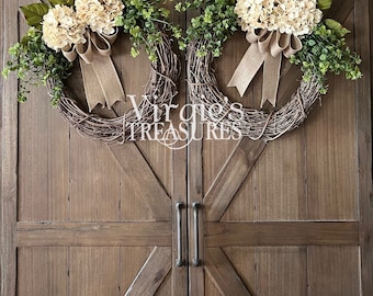 Double Door Hydrangeas Grapevine Wreath-Cream Hydrangea Wreath, Front door wreath, Wedding Decor, Mother's Day, Housewarming, Best Seller