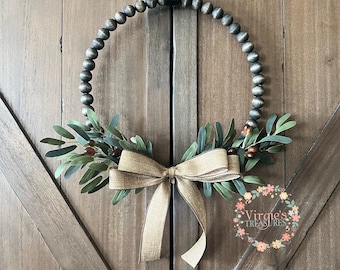 Olive Wreath, Year Round Wreath, Olive Leaf Wreath, Farmhouse Beaded Wood Wreath, Black Wood Bead Wreath, Kitchen Wreath, Everyday Wreath