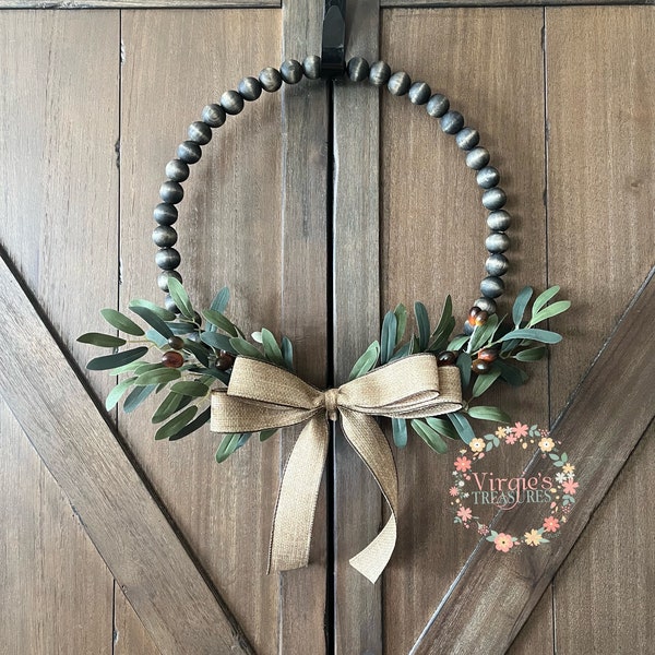 Olive Wreath, Year Round Wreath, Olive Leaf Wreath, Farmhouse Beaded Wood Wreath, Black Wood Bead Wreath, Kitchen Wreath, Everyday Wreath