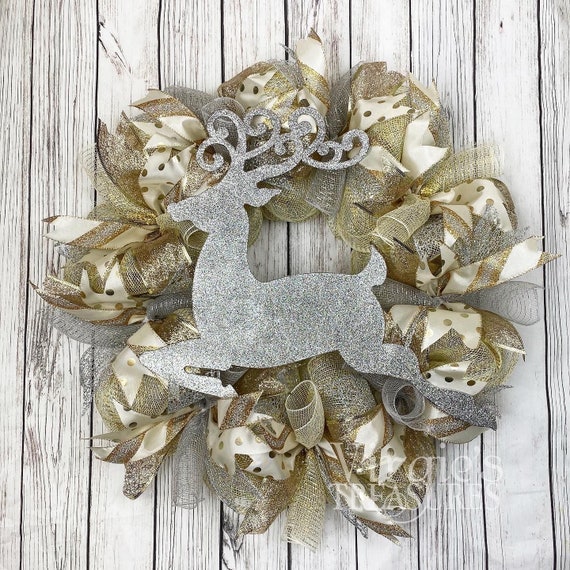 Christmas Wreath Silver And Gold Reindeer Wreath Christmas Etsy
