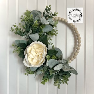 Mini Cabbage Rose Bead Wreath, Farmhouse Wreath, Greenery Wood Bead Wreath, Eucalyptus Wreath, Kitchen Wreath, Wood Bead Wreath