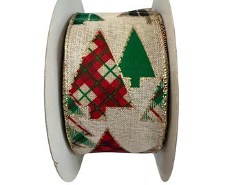 Christmas Ribbon / Holiday Wire Ribbon / Christmas Tree Pattern Ribbon / Farmhouse Christmas Ribbon