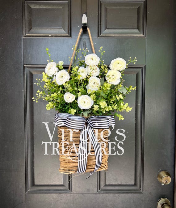 2wayで飾る❁⃘*.゜basket wreath~ フライング basket~ Door Basket Wreath, Hanging Basket, Greenery Arrangement, Front