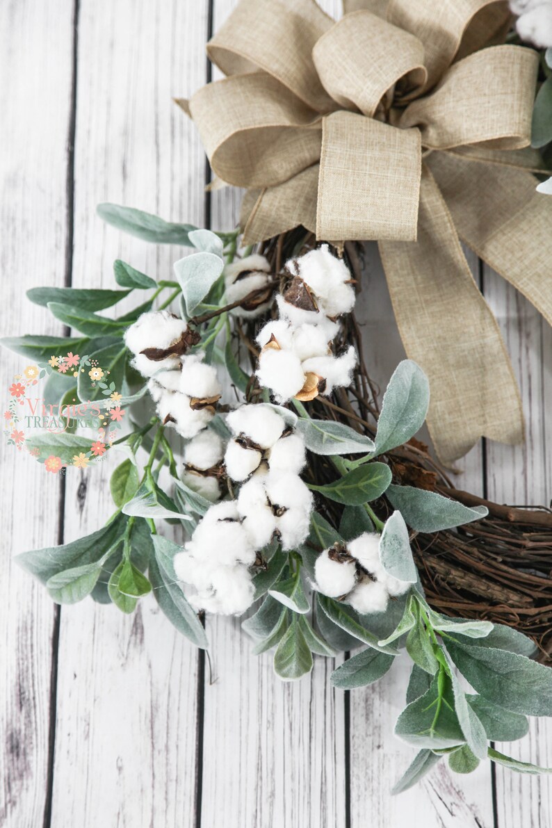 Lambs Ear and Cotton Stem Wreath, Farmhouse Wreath, Front Door Wreath ...