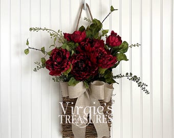 Rustic Hanging Door Basket with Peonies | Front Door Decor | Flora Basket Wreath | Year Round Wall Decor | Peony Hanging Door Basket
