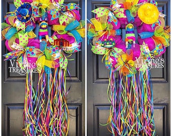 Double Door Fiesta Wreath-Cinco De Mayo Wreath-Fiesta Deco Mesh Wreath-Bright and Colorful Fiesta Wreath-Fiesta San Antonio Wreath, 20 Inch