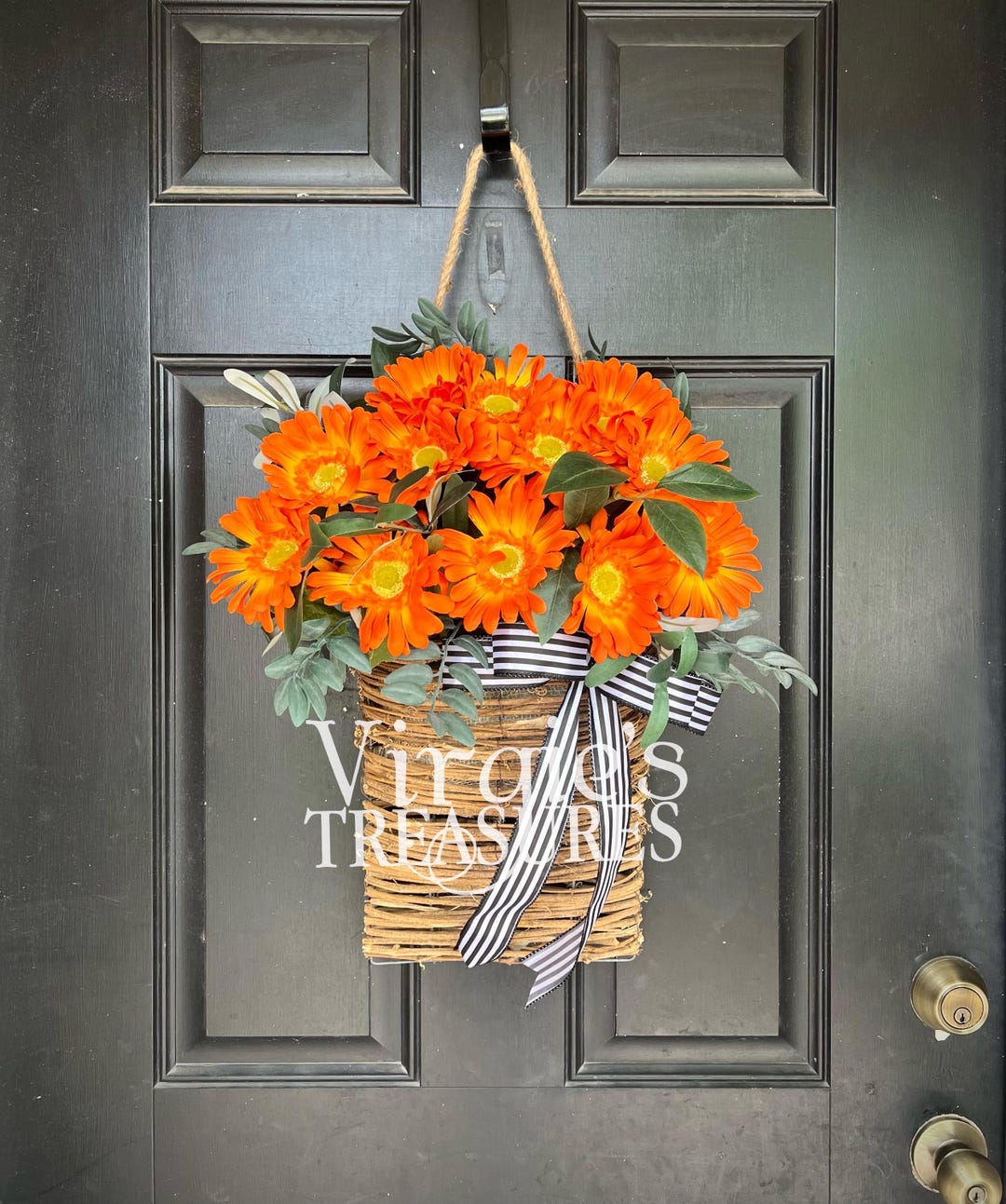 Orange Daisy Flower Door Basket Wreath, Spring Hanging Basket