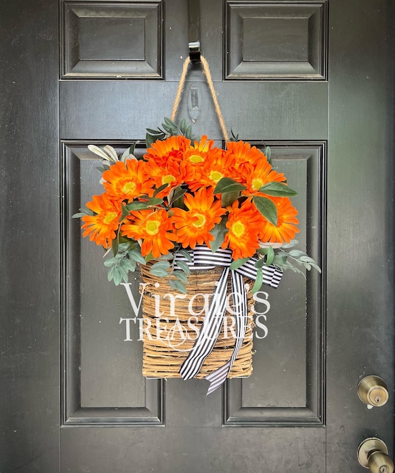Orange Daisy Flower Door Basket Wreath, Spring Hanging Basket