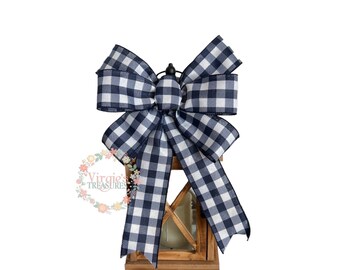 Navy and White Buffalo Plaid Bow, Farmhouse Buffalo Plaid Bow, Lantern Bow, Summer Wreath Bow, Spring bow, Buffalo Plaid Bow for Wreath