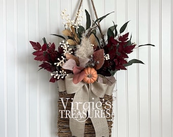 Rustic Hanging Door Basket | Front Door Decor | Floral Basket Wreath | Autumn Wall Decor | Pumpkin Hanging Door Basket | Fall  Decor