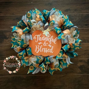 Fall Wreath | Harvest Wreath | Halloween Wreath | Front Door Wreath | Sunflower Wreath | Teal & Orange Fall Wreath | Fall Mesh Wreath