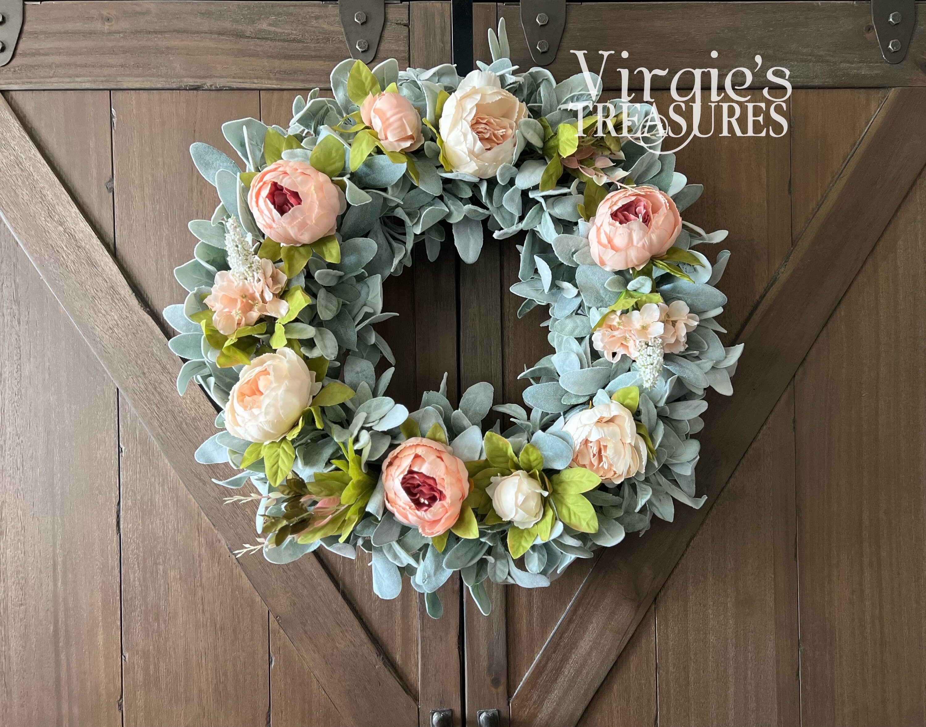 Pink Peony Wreath, Lamb's Ear Wreath, Front Door Wreath, Spring