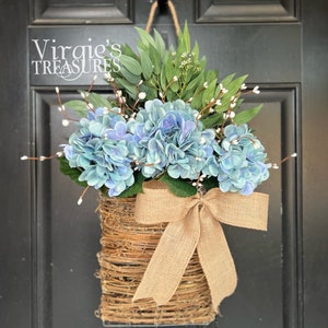 Hydrangea Door Basket Wreath, Spring Hanging Basket, Floral Arrangement Basket, Front Door Hanging Basket Wreath, Summer Rattan Basket