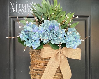 Hydrangea Door Basket Wreath, Spring Hanging Basket, Floral Arrangement Basket, Front Door Hanging Basket Wreath, Summer Rattan Basket