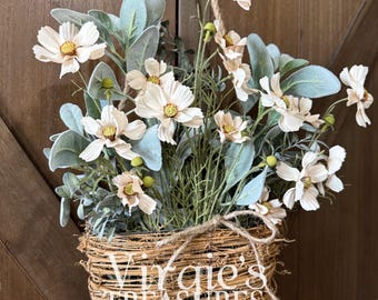 2wayで飾る❁⃘*.゜basket wreath~ フライング basket~ Cosmo Flower Door Basket Wreath, Spring Hanging Basket, Floral