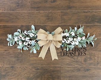 Lambs Ear & Cotton Stem Swag, 36” Door Swag, Wall Swag, Farmhouse Swag, Lambs Ear Swag, Top Door Decoration