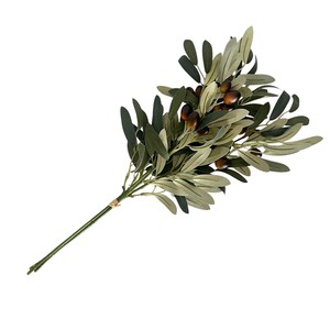 May include: A bunch of artificial olive branches with green leaves and brown olives.