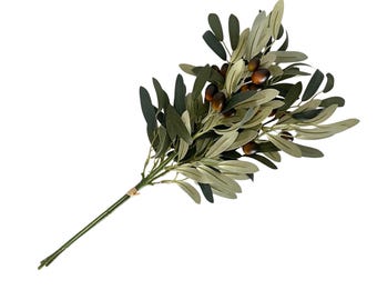 May include: A bunch of artificial olive branches with green leaves and brown olives.