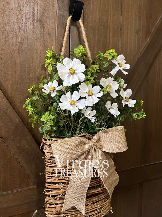 Floral Boxwood Door Basket Wreath, Spring Hanging Basket, Greenery