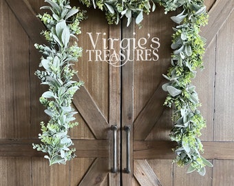 Greenery Farmhouse Garland, Eucalyptus and Lambs ear Garland, Farmhouse Garland, Dough Bowl Centerpiece, Table top decor, Mantel Decor