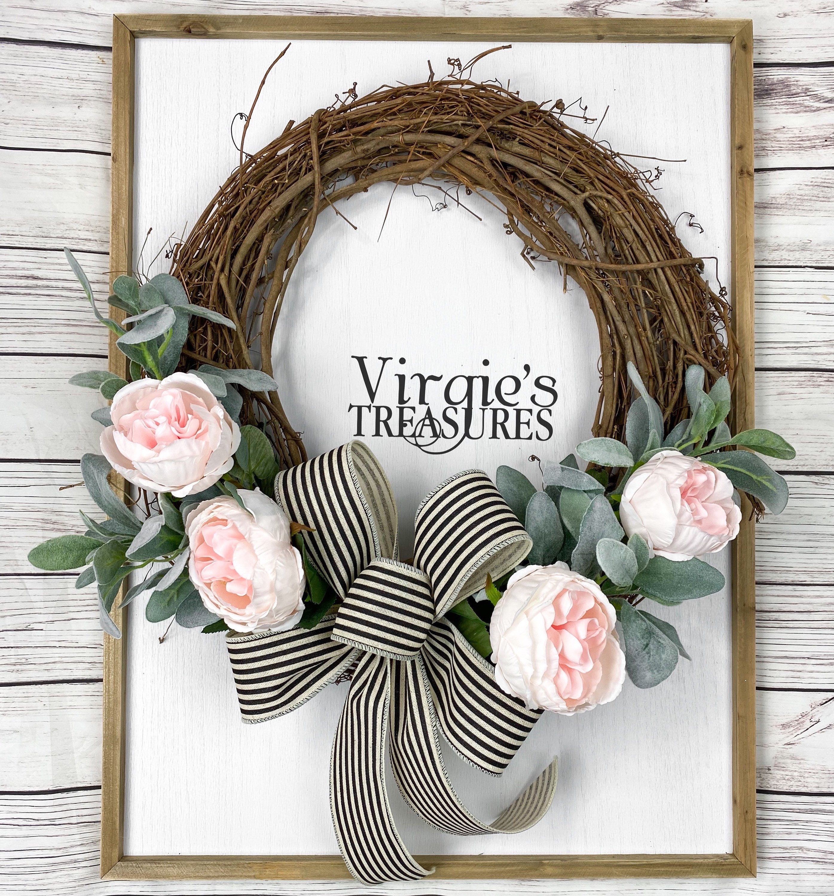 Cabbage Roses and Lambs Ear Wreath, Front Door Wreath, Spring