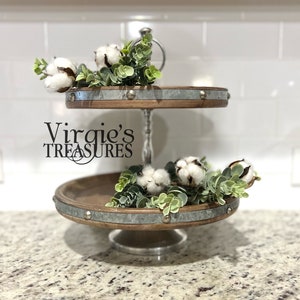 Tiered Tray Decor-Eucalyptus & Cotton Decor-Farmhouse Tiered Tray Decor, Bowl Greenery Decor-Artificial Greenery 3 Piece Bundle