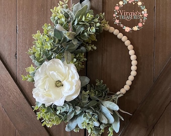 Mini Wood Bead Wreath, Farmhouse Wreath, Greenery Wood Bead Wreath, Wood Bead Wreath
