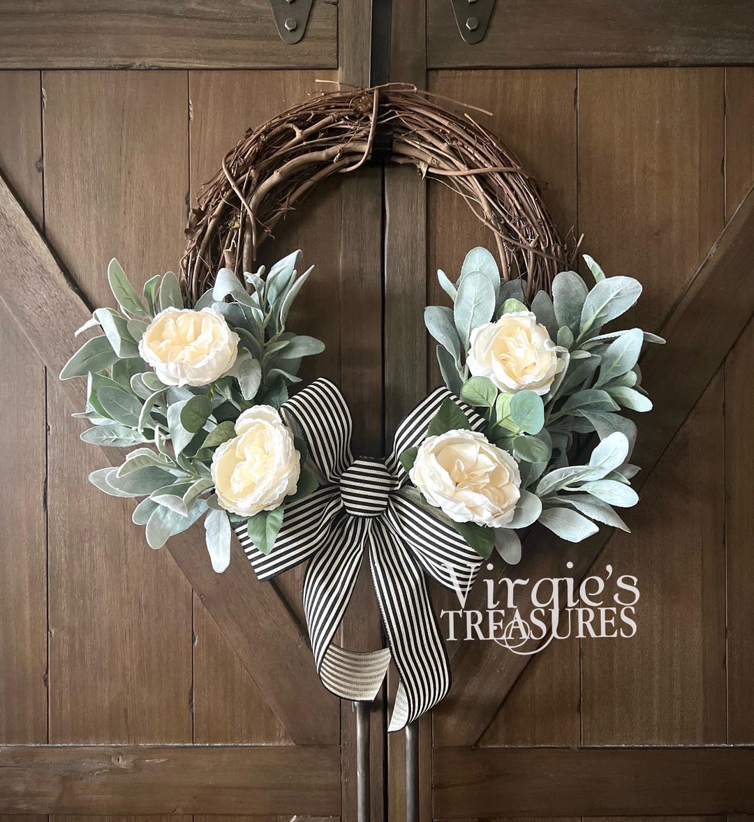 Cabbage Rose & Lambs Ear Wreath, Front Door Wreath, Year Round Wreath ...