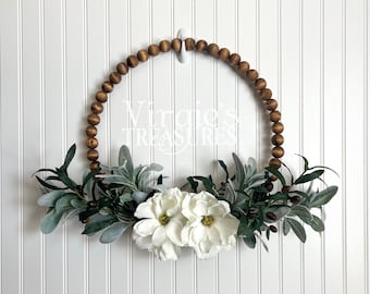 Year Round Wreath, Lambs ear & Olive Wreath, Farmhouse Beaded Wood Wreath, Wood Bead Wreath, Kitchen Wreath, Everyday Wreath, Wood Stained