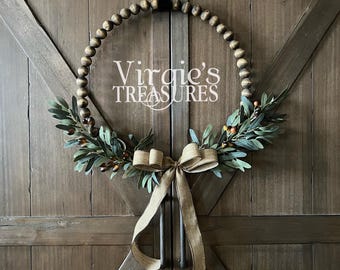 Olive Wreath, Year Round Wreath, Olive Leaf Wreath, Farmhouse Beaded Wood Wreath, Wood Bead Wreath, Kitchen Wreath, Everyday Wreath