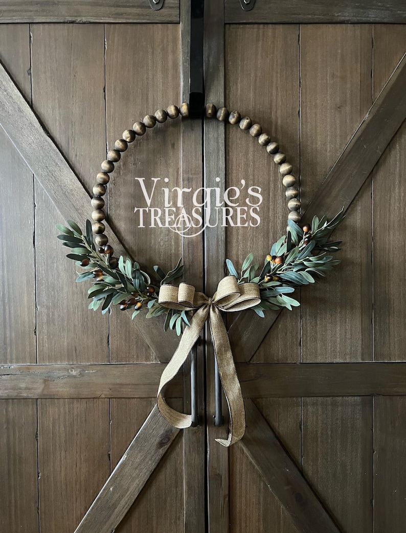 Olive Wreath, Year Round Wreath, Olive Leaf Wreath, Farmhouse Beaded Wood Wreath, Wood Bead Wreath, Kitchen Wreath, Everyday Wreath image 1