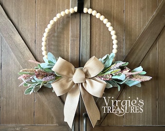 Year Round Wreath, Lambs ear Wreath, Farmhouse Beaded Wood Wreath, Spring Wood Bead Wreath, Kitchen Wreath, Everyday Wreath