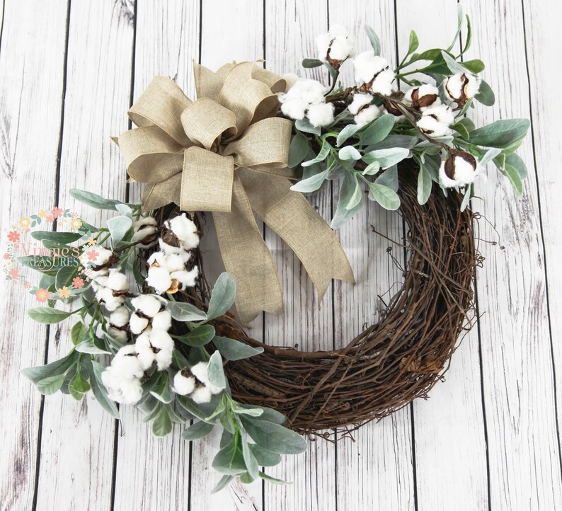 Lambs Ear and Cotton Stem Wreath, Farmhouse Wreath, Front Door Wreath ...
