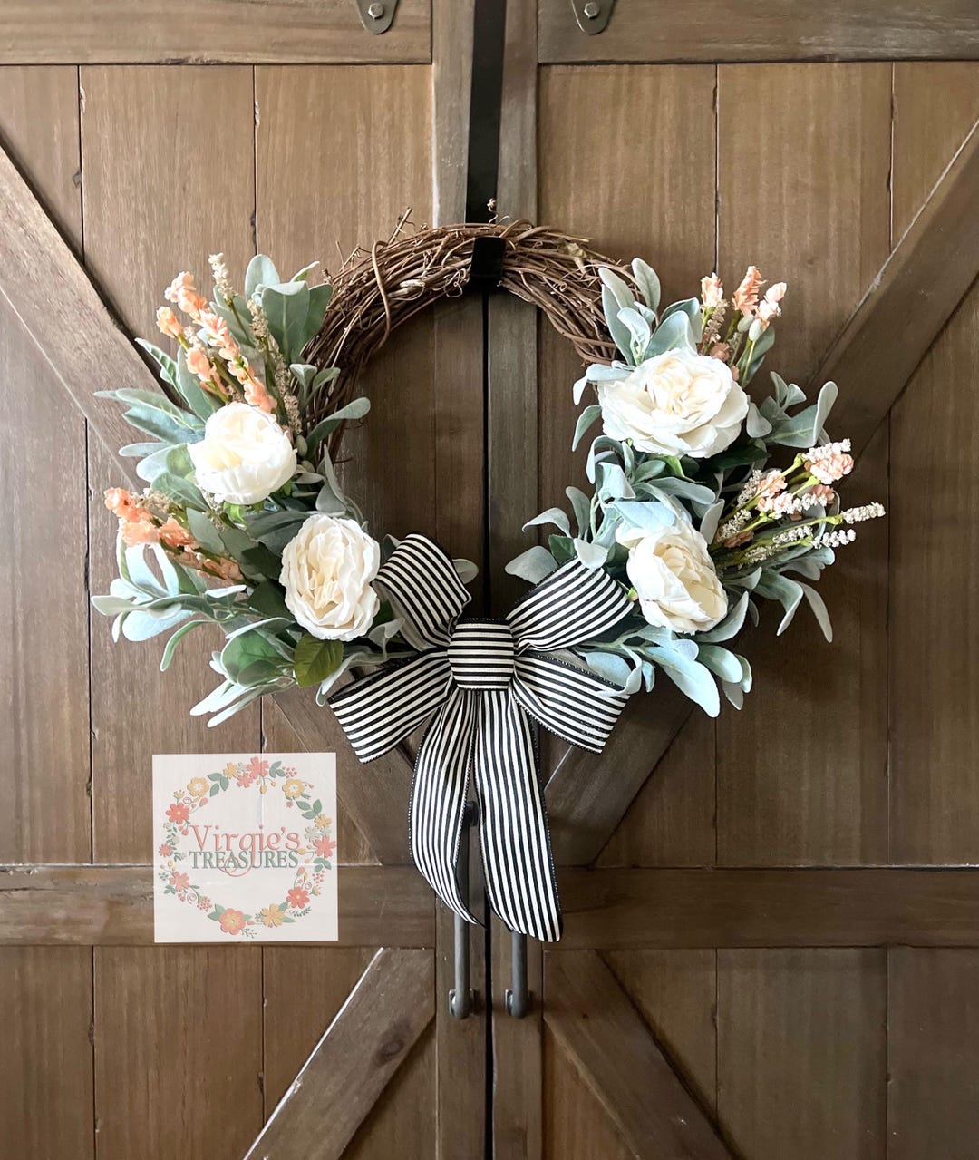 Cabbage Rose & Lambs Ear Wreath, Front Door Wreath, Year Round Wreath ...