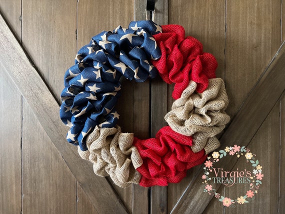 Patriotic Burlap Wreath, Support our Troops Gift for Spouse, Patriotic Wreath-Military Wreath-Memorial Day-Fourth of July Wreath (Last one)