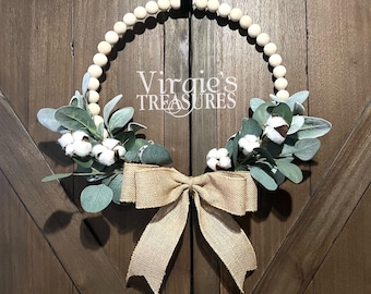 Year Round Wreath, Eucalyptus & Lambs ear Wreath, Farmhouse Beaded Wood Wreath, Wood Bead Wreath, Kitchen Wreath, Cotton Wreath