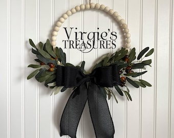 Mini Olive Wreath, Year Round Wreath, Olive Leaf Wreath, Farmhouse Wreath, Natural Wood Bead Wreath, Kitchen Wreath, Everyday Wreath
