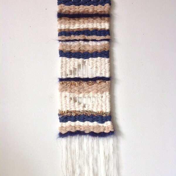 Woven wall hanging // art // tapestry // macrame ooak  silk mohair wool cotton cream blue tan wilder than goods
