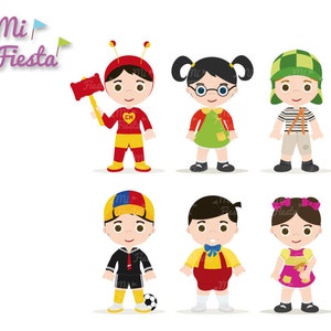May include: A collection of cartoon character illustrations. The characters are dressed in colorful outfits and accessories. The image includes the text "Mi Fiesta" with decorative flags. The characters are in various poses, with different expressions.