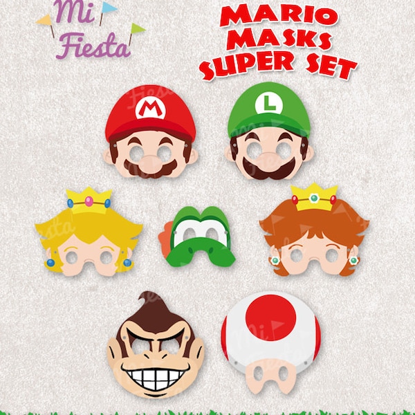 Mario bros Inspired Super set Mario, Luigi, Yoshi, Donkey kong, Toad, Princess Daisy and Peach Masks print birthday Instant Digital File DIY