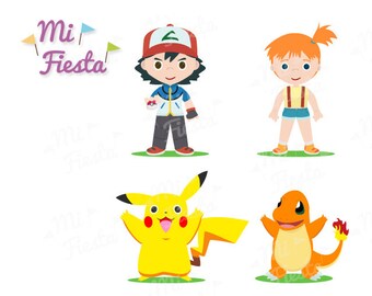 Pokemon Inspired set Ash, Misty, Pikachu and Charmander Clip Art birthdays Instant Digital Download DIY