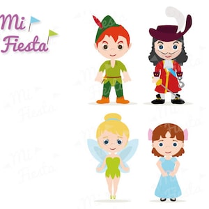 Peut inclure: Un ensemble de quatre personnages de dessin animé du film Peter Pan. Les personnages sont Peter Pan, Capitaine Crochet, la fée Clochette et Wendy. Les personnages sont tous souriants et ont l'air heureux. Le texte "Mi Fiesta" est écrit en violet en haut de l'image.