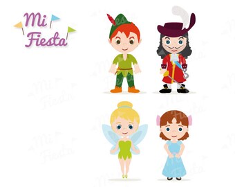 Neverland Inspired Clipart  set Peter, Pirate, girl and fairy birthdays Instant Digital Download